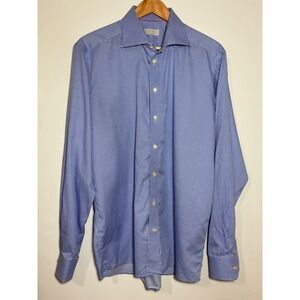 Eton Contemporary Gingham Dress Shirt Mens Size 44 17.5 Blue White Long Sleeve